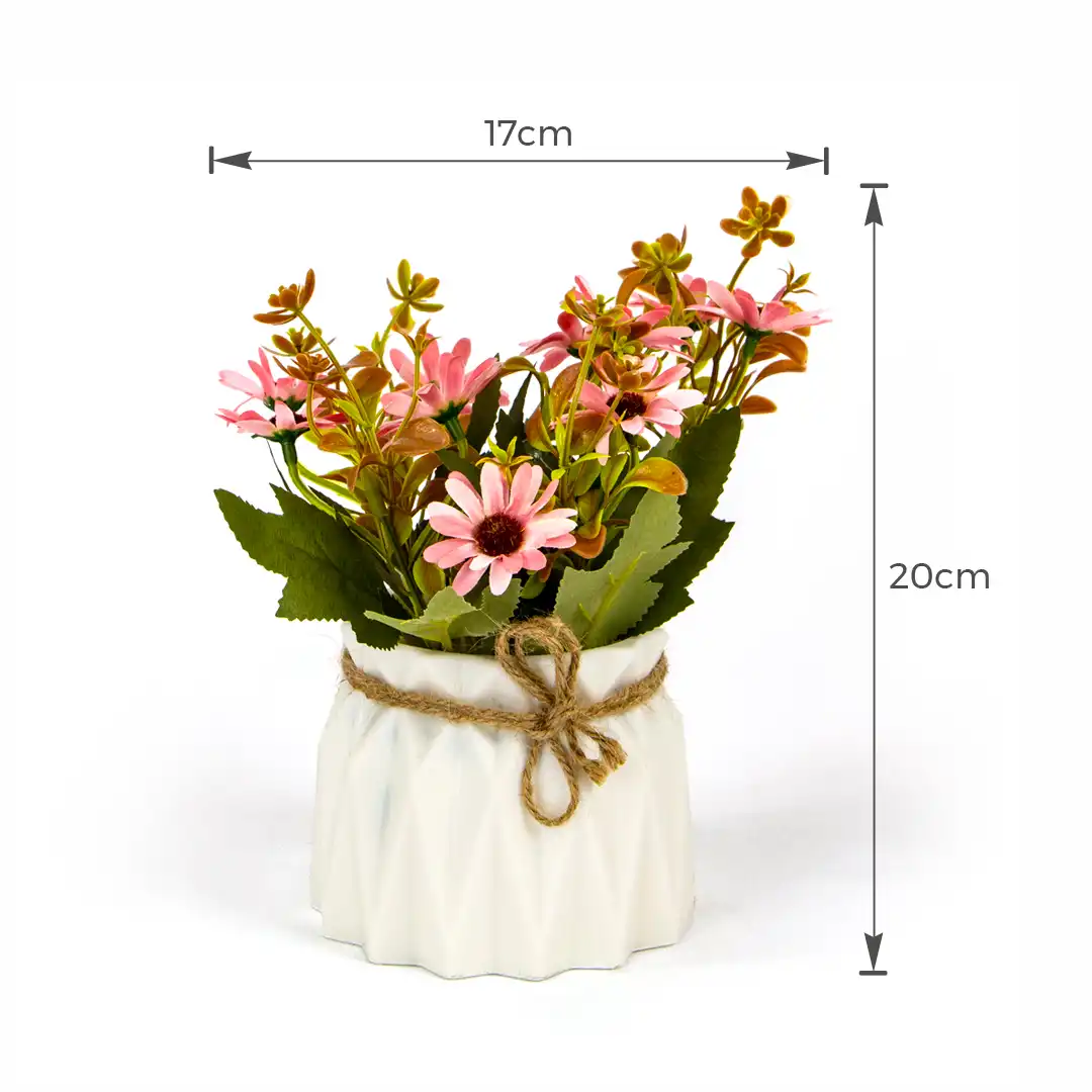 VASO DECORATIVO BRANCO COM FLORES ARTIFICIAIS ROSA – 20 CM


