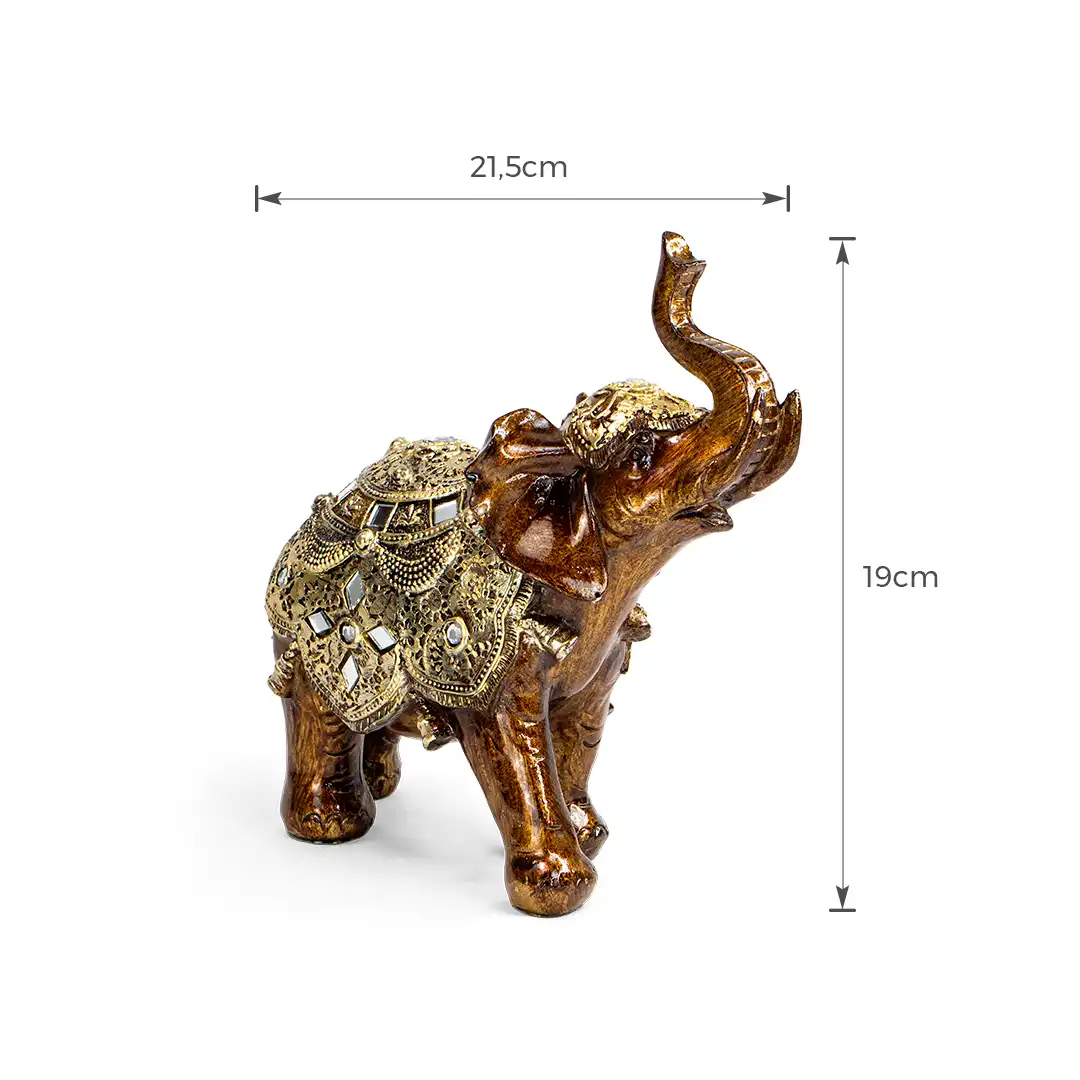 ELEFANTE INDIANO DECORATIVO DE RESINA COM DETALHES DOURADOS 19CM