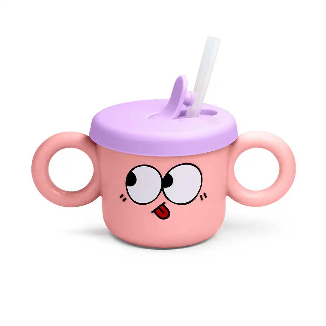 CANECA INFANTIL PLASTICO COM TAMPA SILICONE 190ML ROSA