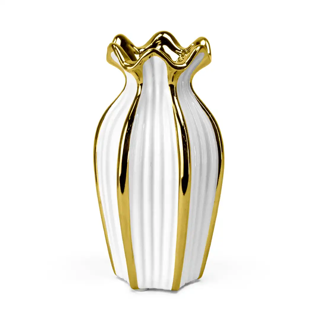 VASO DE PORCELANA DECORATIVO BRANCO COM DETALHES DOURADOS 18CM