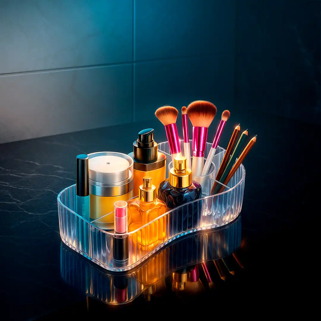 ORGANIZADOR ACRÍLICO MULTIUSO DE MESA COM 5 DIVISÕES TRANSPARENTES