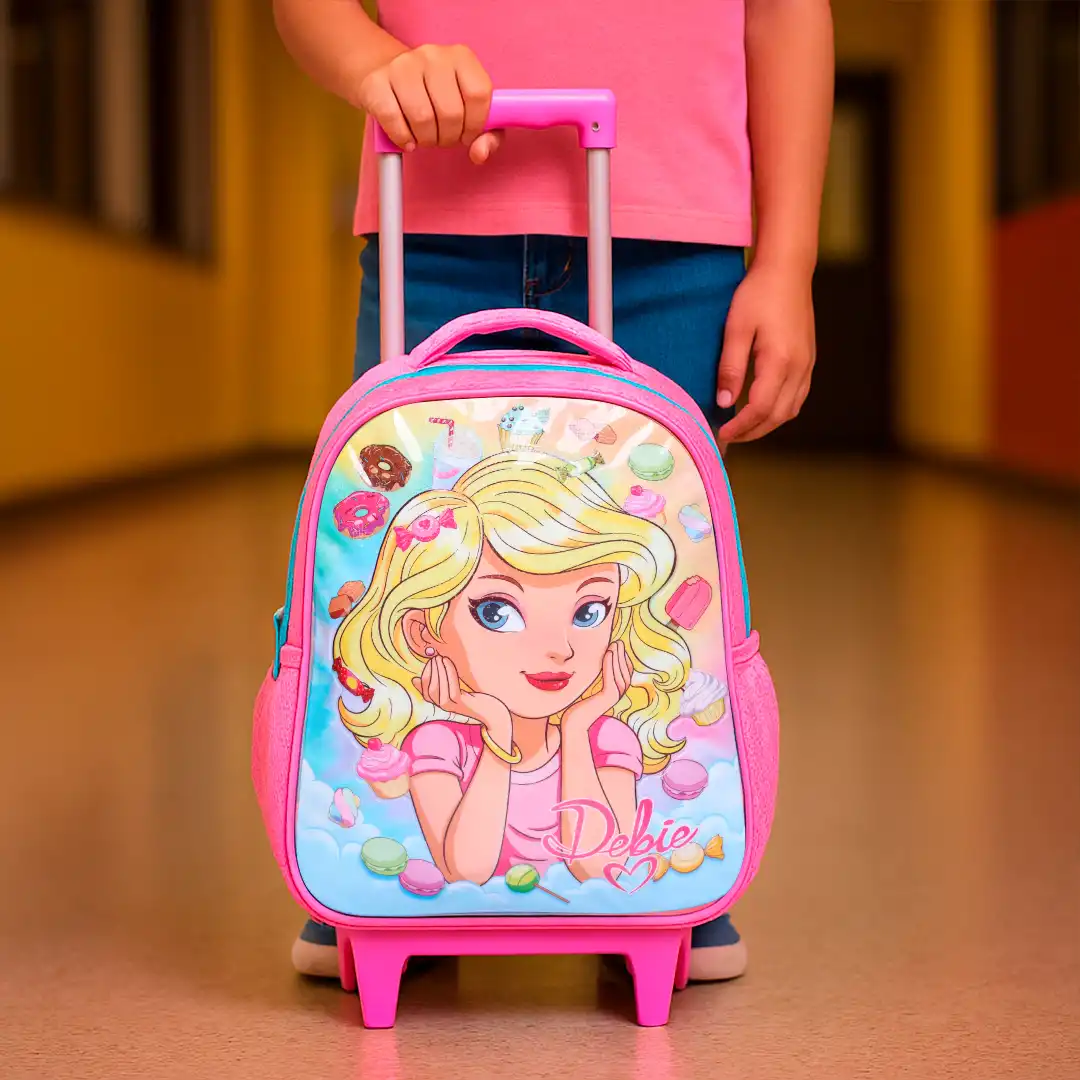 MOCHILA INFANTIL COM RODINHAS 47CM X 31CM ROSA CLARO