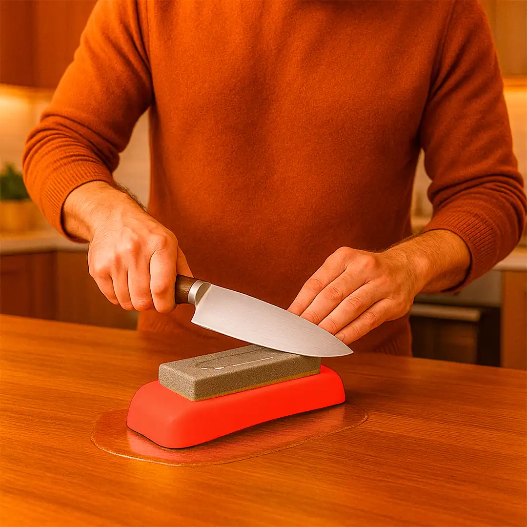 AMOLADOR DE FACAS COM BASE ANTIDERRAPANTE VERMELHO – 18CM