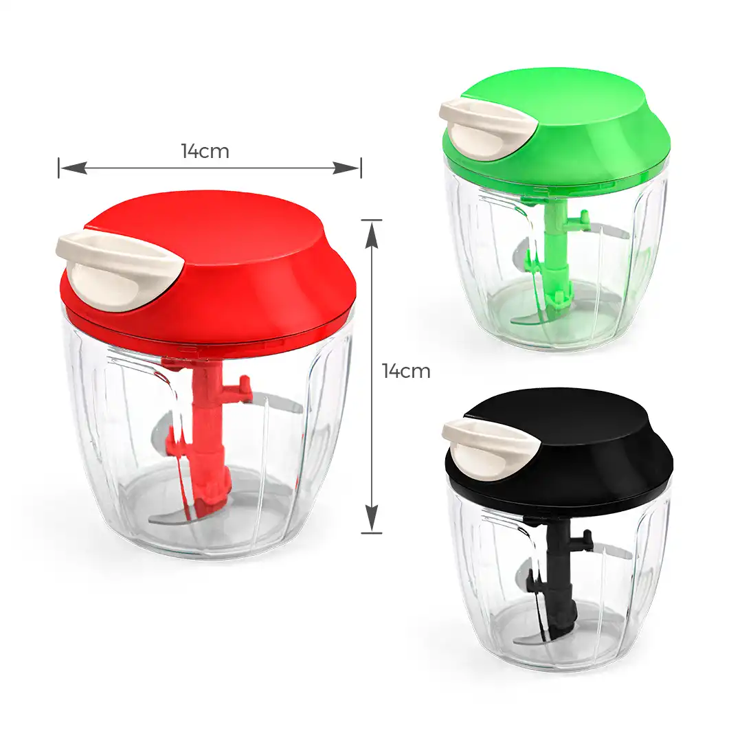 PROCESSADOR MANUAL DE ALIMENTOS COM LÂMINAS INOX E BATEDOR – 14 CM