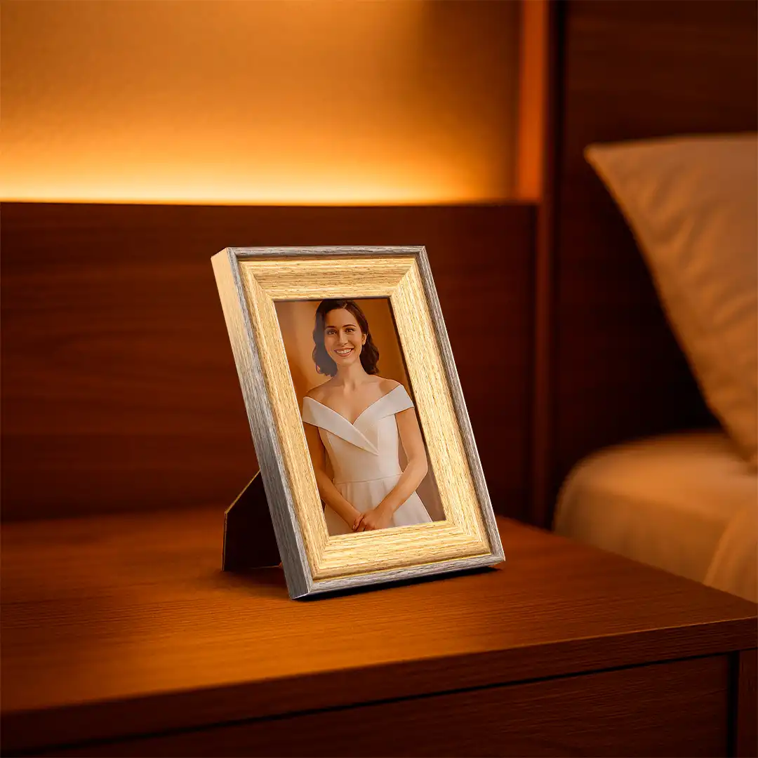 PORTA-RETRATO DECORATIVO 4X6 EM MDF CINZA E MADEIRA CLARA COM PROTEÇÃO EM PLÁSTICO