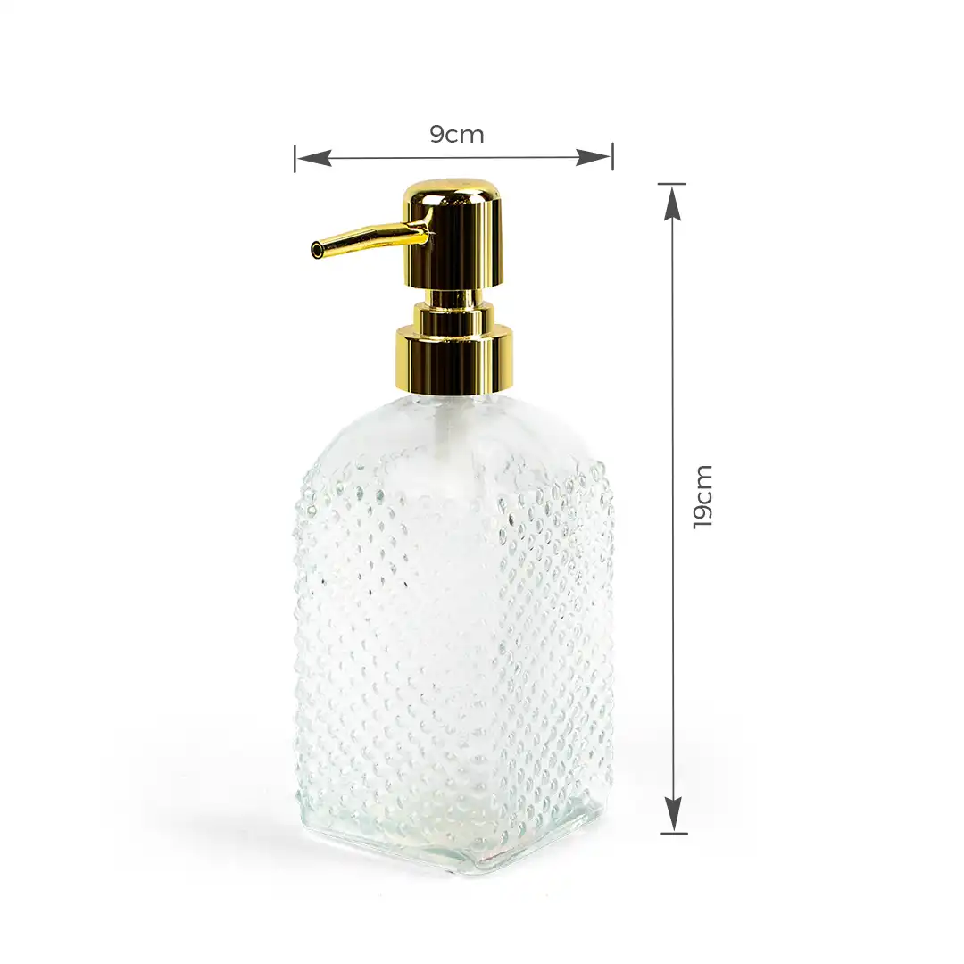 DISPENSER DE SABONETE LÍQUIDO EM VIDRO COM BICO PUMP DOURADO