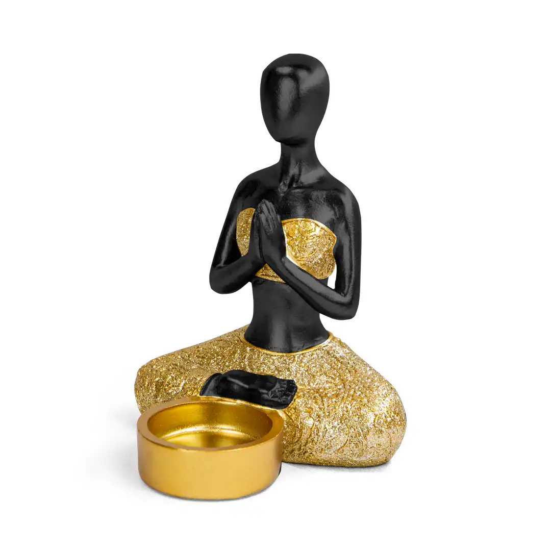 ENFEITE DECORATIVO IOGA EM RESINA PRETO COM BASE DOURADA – 15x10CM