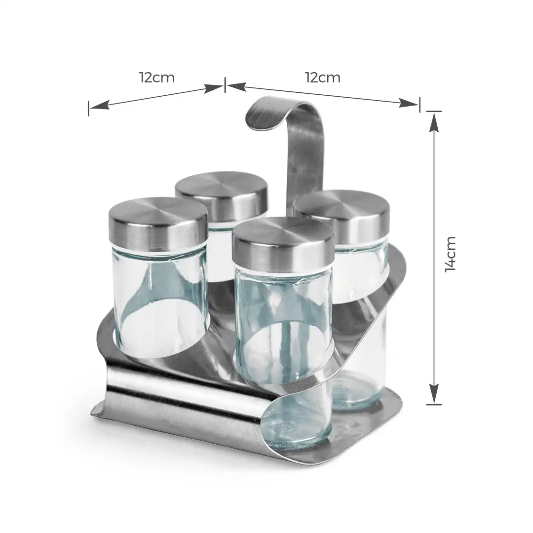 KIT PORTA CONDIMENTOS COM 4 RECIPIENTES EM VIDRO E SUPORTE DE INOX