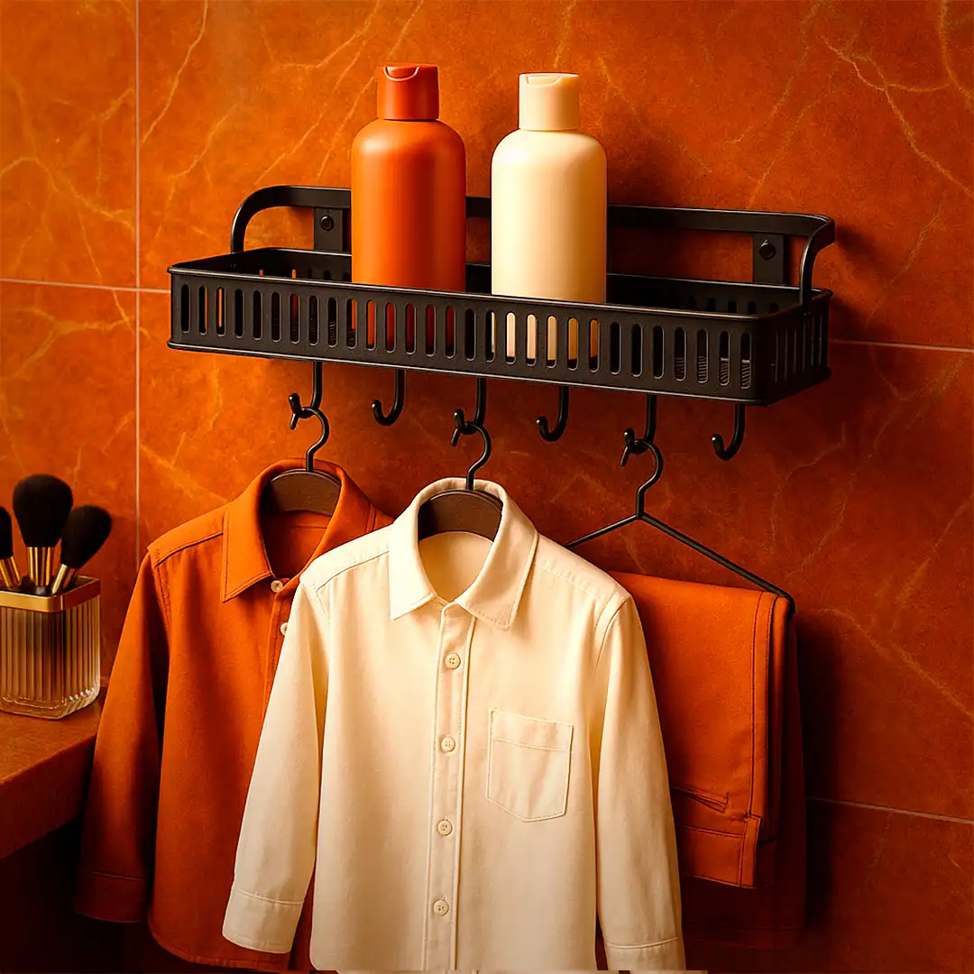 PRATELEIRA ORGANIZADORA DE PAREDE COM GANCHOS 43,5CM PRETA MULTIUSO