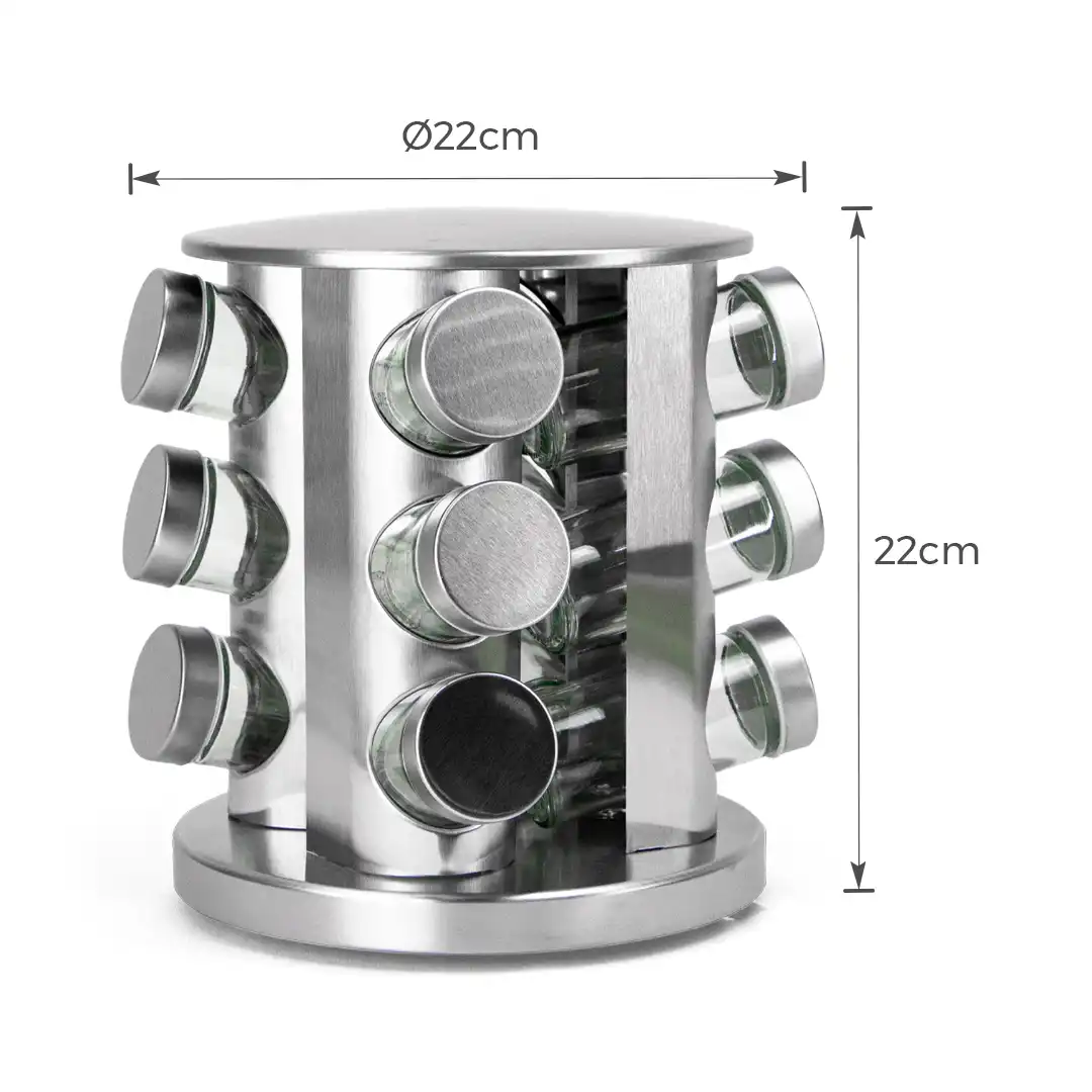 PORTA CONDIMENTOS GIRATÓRIO EM INOX COM 12 POTES DE VIDRO PARA TEMPEROS
