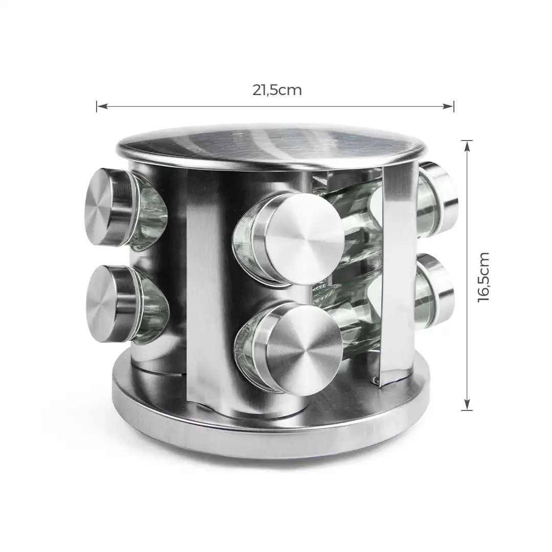 PORTA TEMPEROS COM BASE GIRATÓRIA – INOX + 8 FRASCOS DE VIDRO 90ML