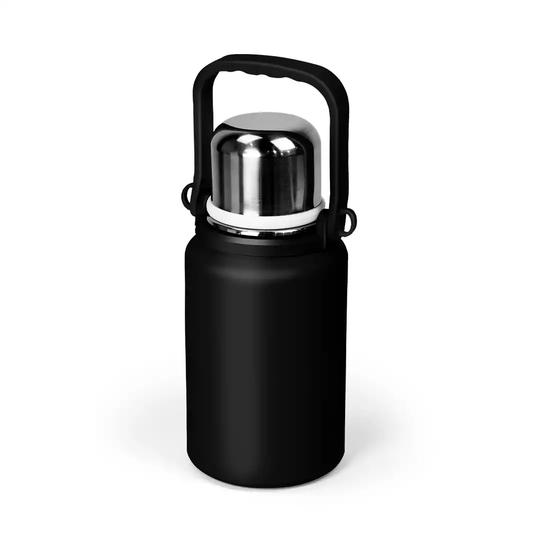 GARRAFA TÉRMICA 900ML PRETO COM ALÇA E TAMPA INOX – Ø11,5CM X 26,5CM