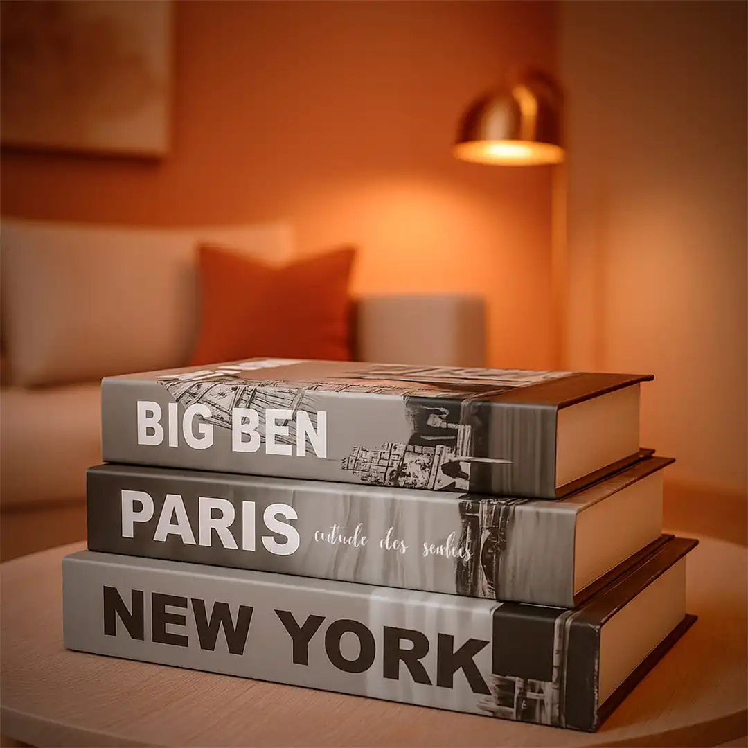 CAIXA LIVRO DECORATIVA CIDADES DO MUNDO – CONJUNTO COM 3 UNIDADES TAMANHOS P, M E G