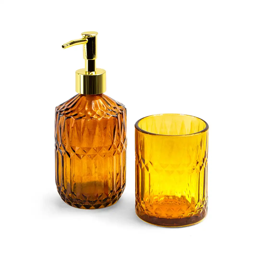 KIT PARA BANHEIRO DE VIDRO ÂMBAR COM DETALHES DOURADOS – 2 PEÇAS