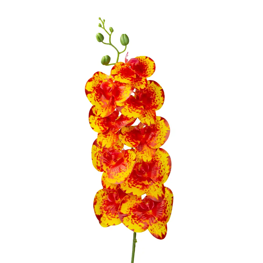 HASTE FLOR ARTIFICIAL ORQUÍDEA VERMELHA DETALHES AMARELOS EM PLÁSTICO COM 95CM DE ALTURA
