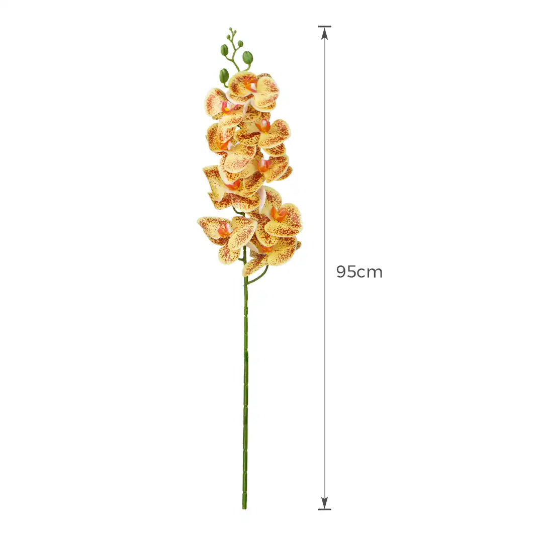 HASTE FLOR ARTIFICIAL ORQUÍDEA MARROM DETALHES AMARELOS EM PLÁSTICO 95CM DE ALTURA