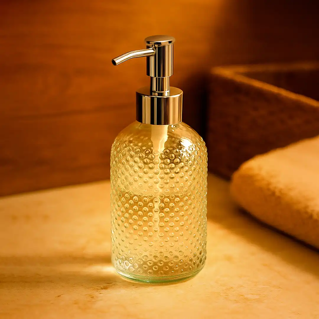 DISPENSER DE SABONETE LÍQUIDO EM VIDRO COM BICO PUMP CINZA