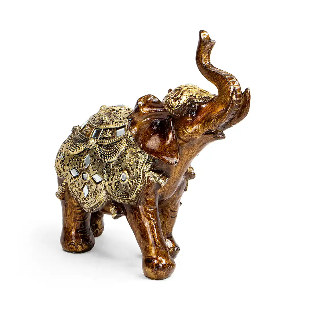 ELEFANTE INDIANO DECORATIVO DE RESINA COM DETALHES DOURADOS 19CM