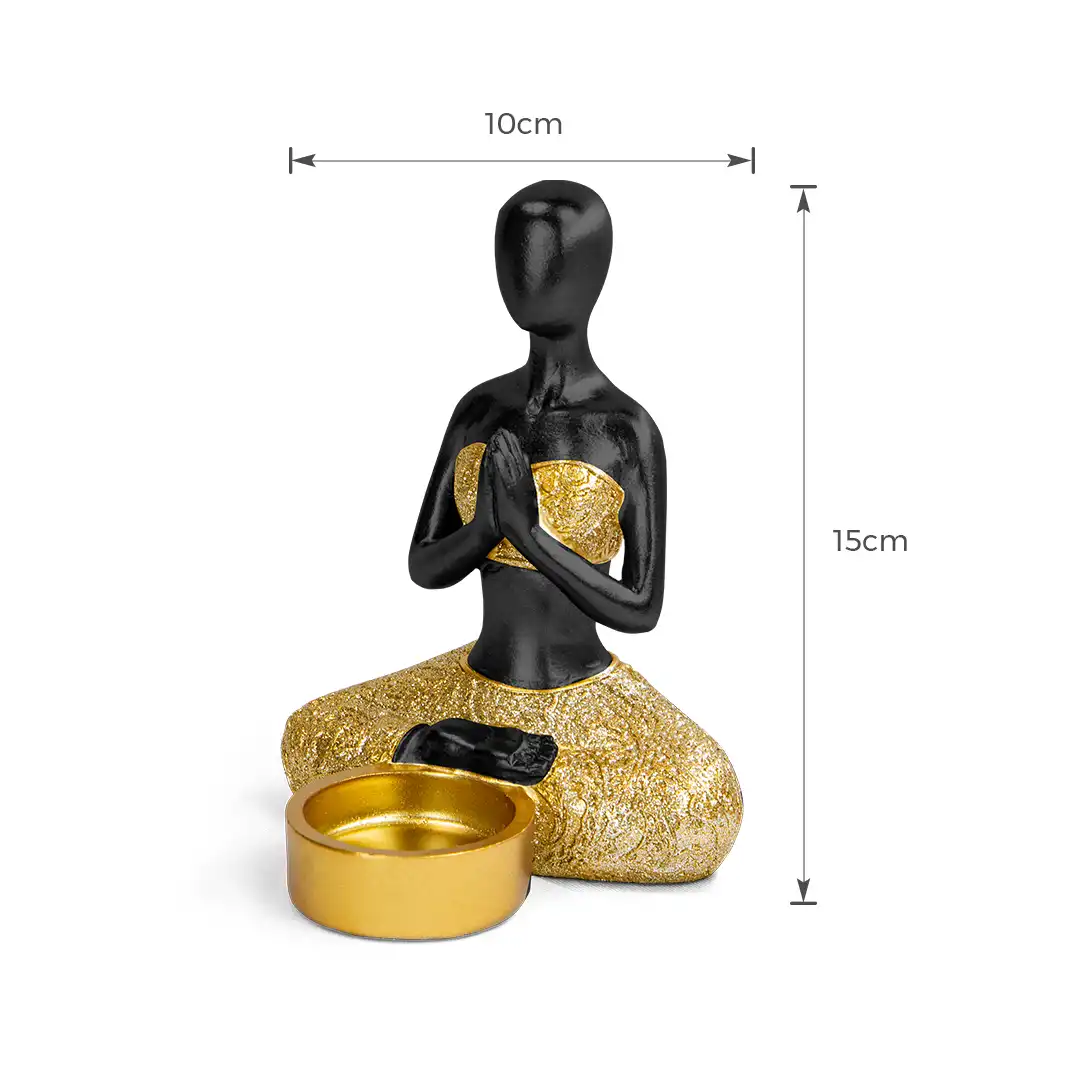 ENFEITE DECORATIVO IOGA EM RESINA PRETO COM BASE DOURADA – 15x10CM