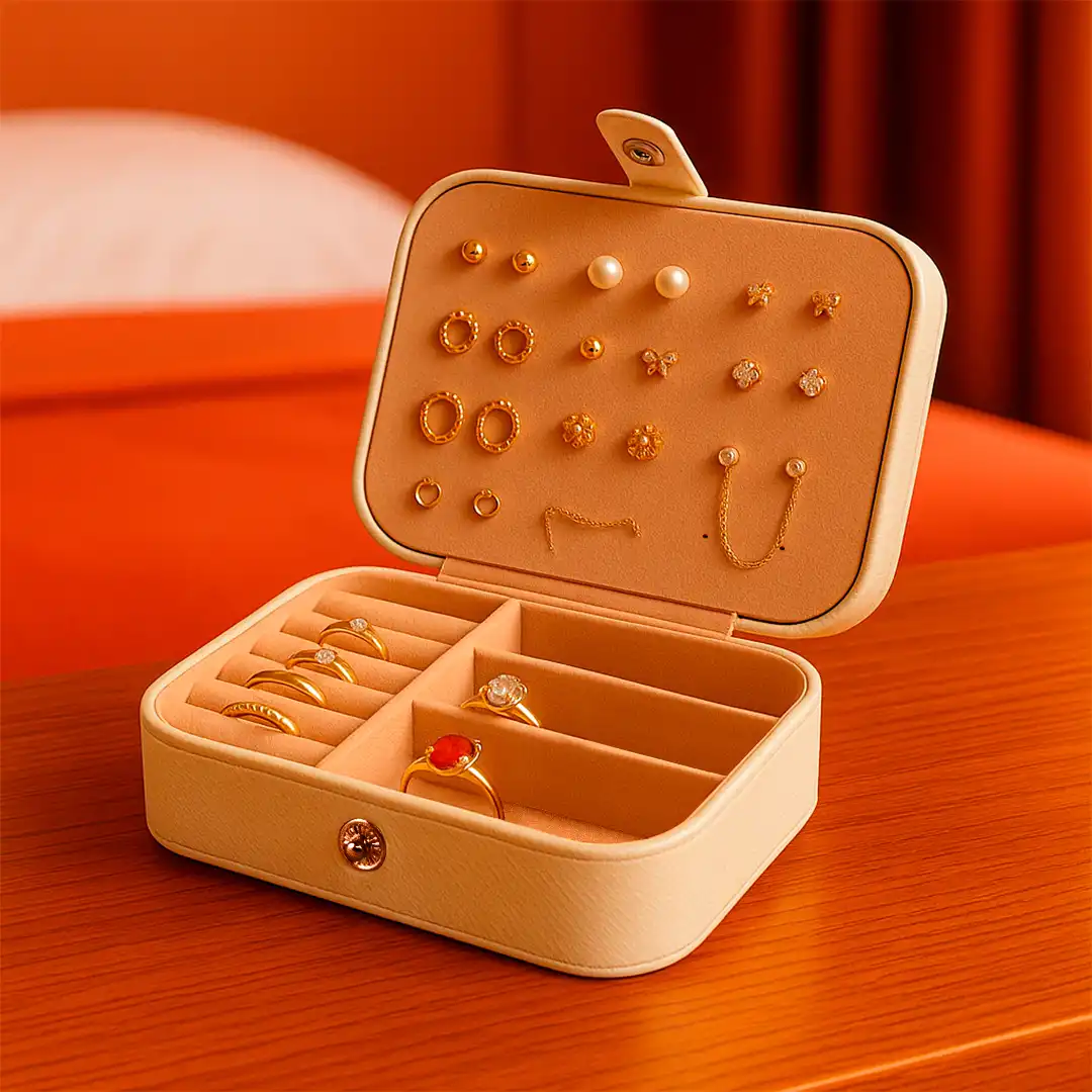 PORTA JOIAS EM COURO SINTÉTICO COM DIVISÓRIAS – BRILHANTE