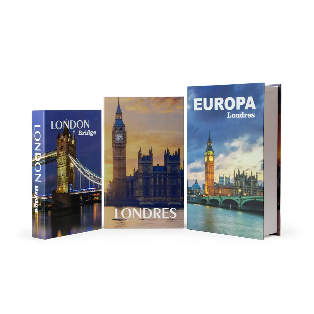 CAIXA LIVRO DECORATIVA EUROPA – CONJUNTO COM 3 UNIDADES TAMANHOS P, M E G