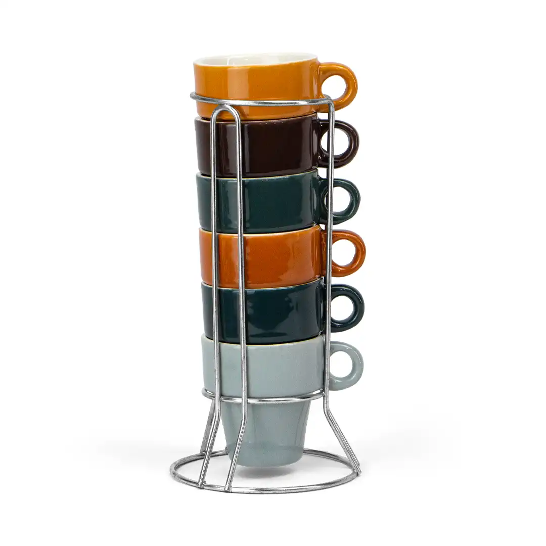 CONJUNTO 6 XÍCARAS DE CERÂMICA EMPILHÁVEIS COM SUPORTE METÁLICO – COLORIDAS E COMPACTAS

