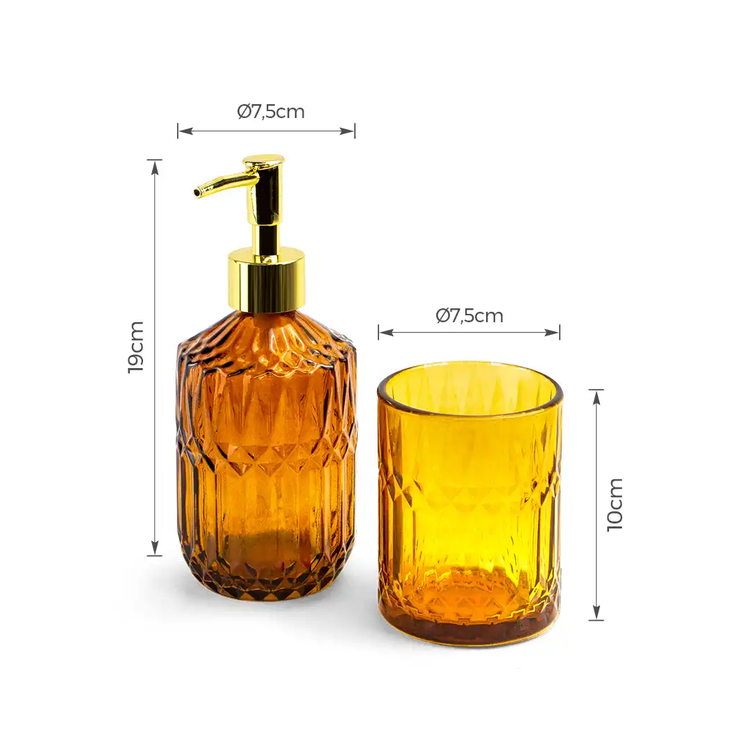 KIT PARA BANHEIRO DE VIDRO ÂMBAR COM DETALHES DOURADOS – 2 PEÇAS