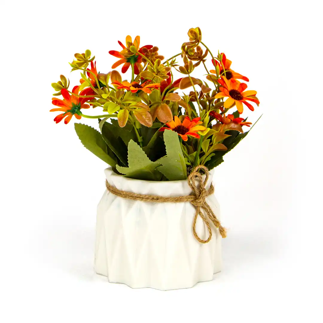VASO DECORATIVO BRANCO COM FLORES ARTIFICIAIS LARANJA – 20 CM


