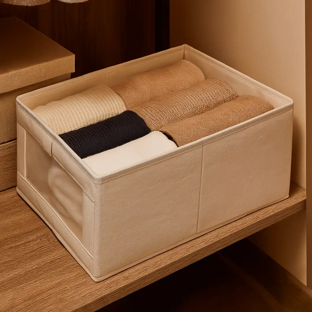 CESTO ORGANIZADOR DOBRÁVEL 18L COM VISOR TRANSPARENTE – BEGE