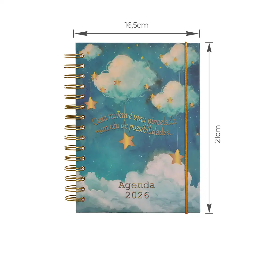 AGENDA ESPIRAL 2026 COM CAPA DURA E ELÁSTICO 15x21CM – SORTIDAS
