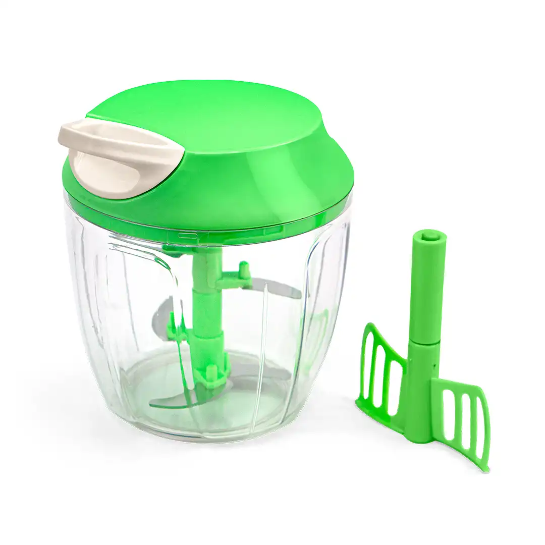 PROCESSADOR MANUAL DE ALIMENTOS COM LÂMINAS INOX E BATEDOR – 14 CM