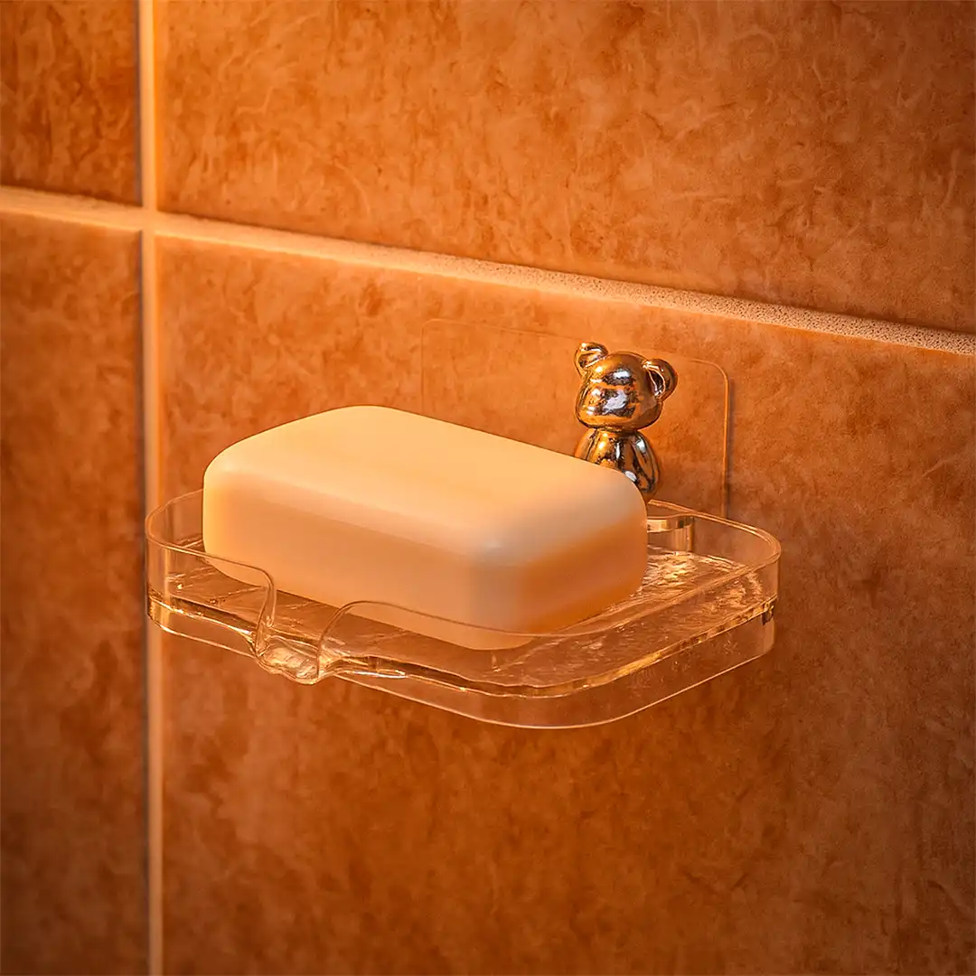 SABONETEIRA DE ACRÍLICO COM URSINHO E FIXAÇÃO ADESIVA PARA BANHEIRO