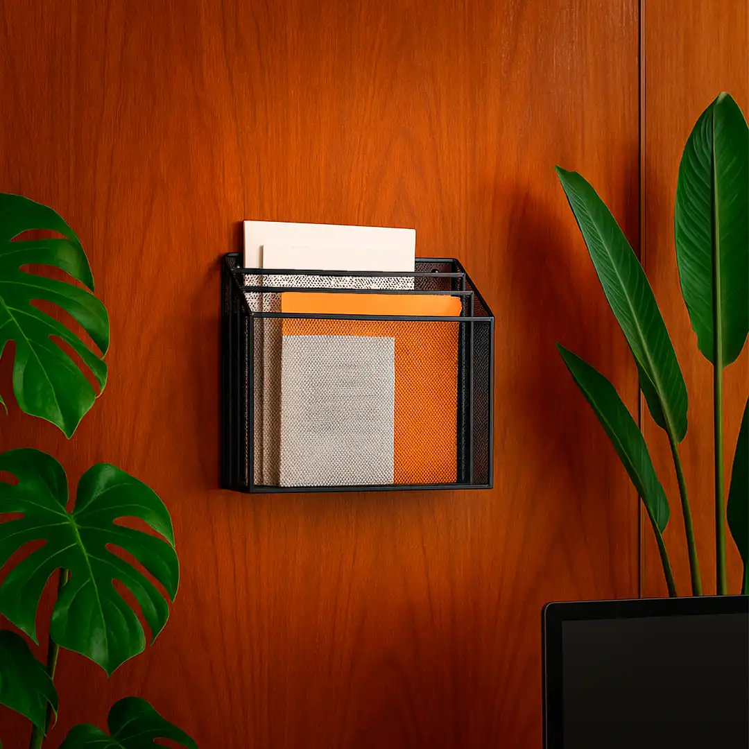 ORGANIZADOR ARAMADO DE PAREDE E MESA PRETO 3 DIVISÕES PARA ESCRITÓRIO A4