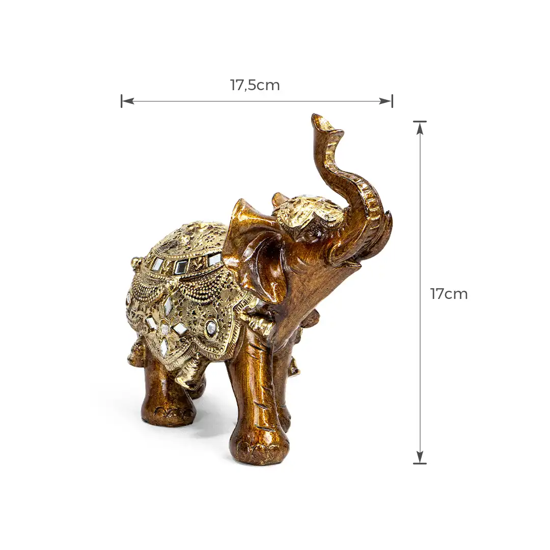 ELEFANTE INDIANO DECORATIVO DE RESINA COM DETALHES DOURADOS 17CM