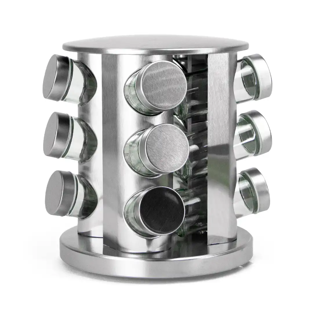 PORTA CONDIMENTOS GIRATÓRIO EM INOX COM 12 POTES DE VIDRO PARA TEMPEROS