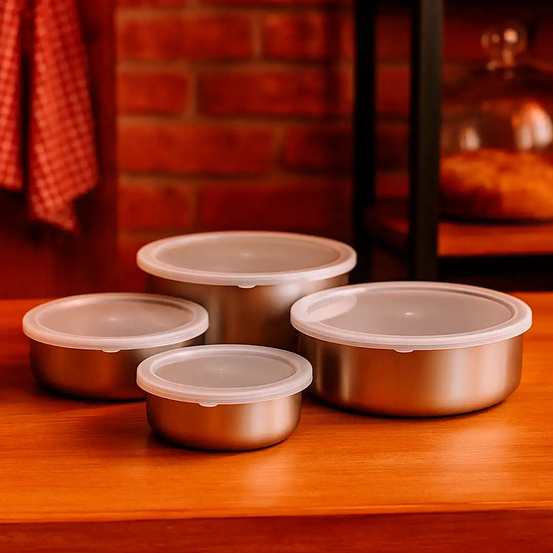 CONJUNTO DE TIGELAS EM AÇO INOX COM TAMPA PLÁSTICA – 4 PEÇAS