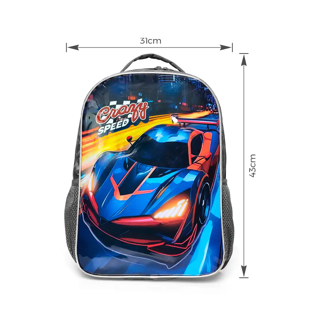 MOCHILA INFANTIL CRAZY SPEED CARRO ESPORTIVO 43CX31CM CINZA