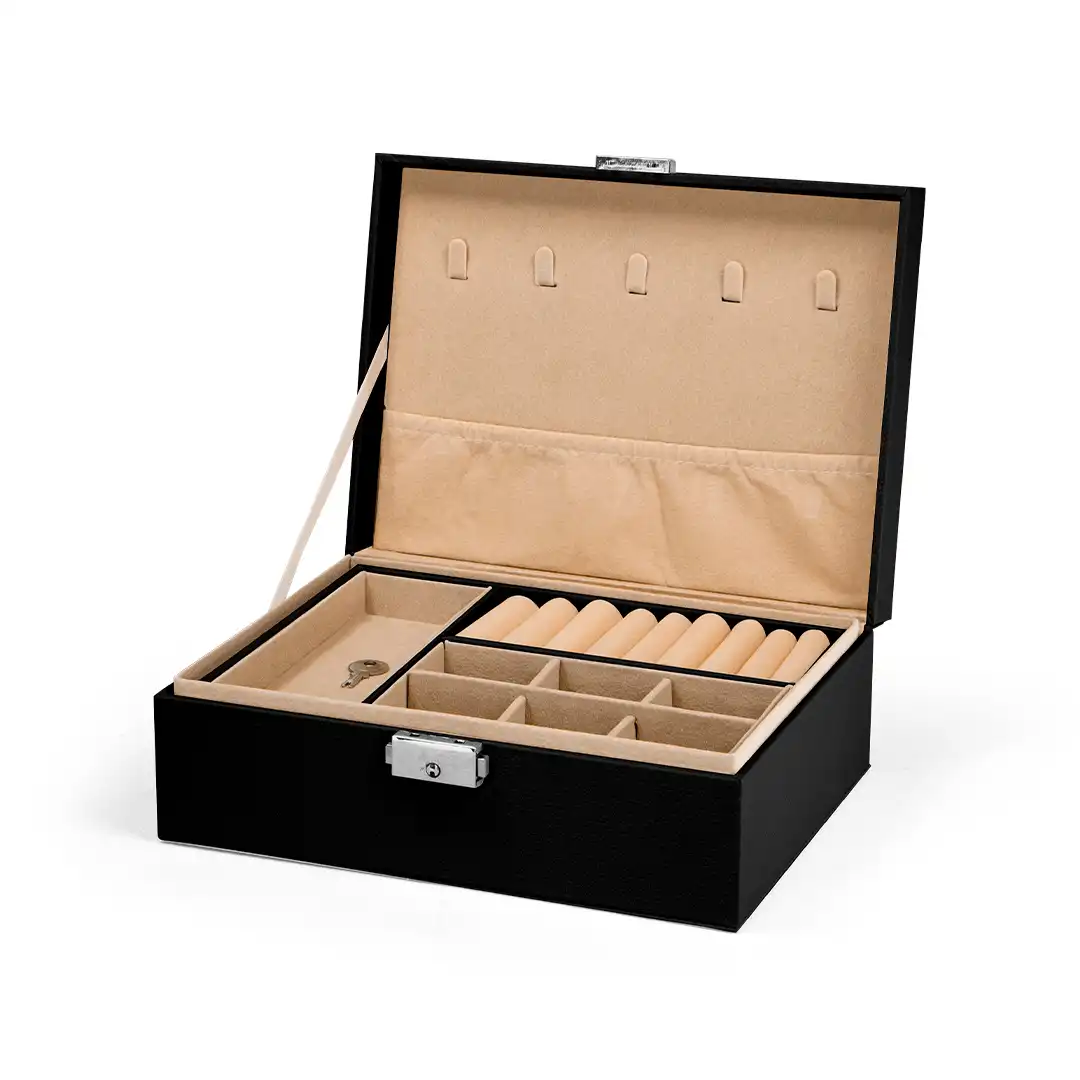 PORTA JOIAS FORMATO DE MALETA 2 ANDARES PRETO FECHO METÁLICO – 23X17X8,5CM