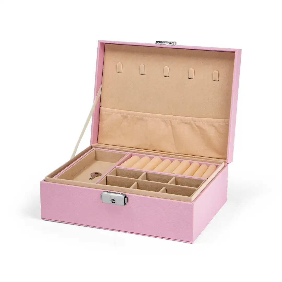 PORTA JOIAS FORMATO DE MALETA 2 ANDARES ROSA FECHO METÁLICO – 23X17X8,5CM