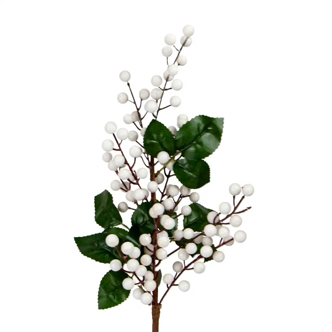 HASTE DECORATIVA COM BOLINHAS BRANCAS E FOLHAS VERDES 45CM
