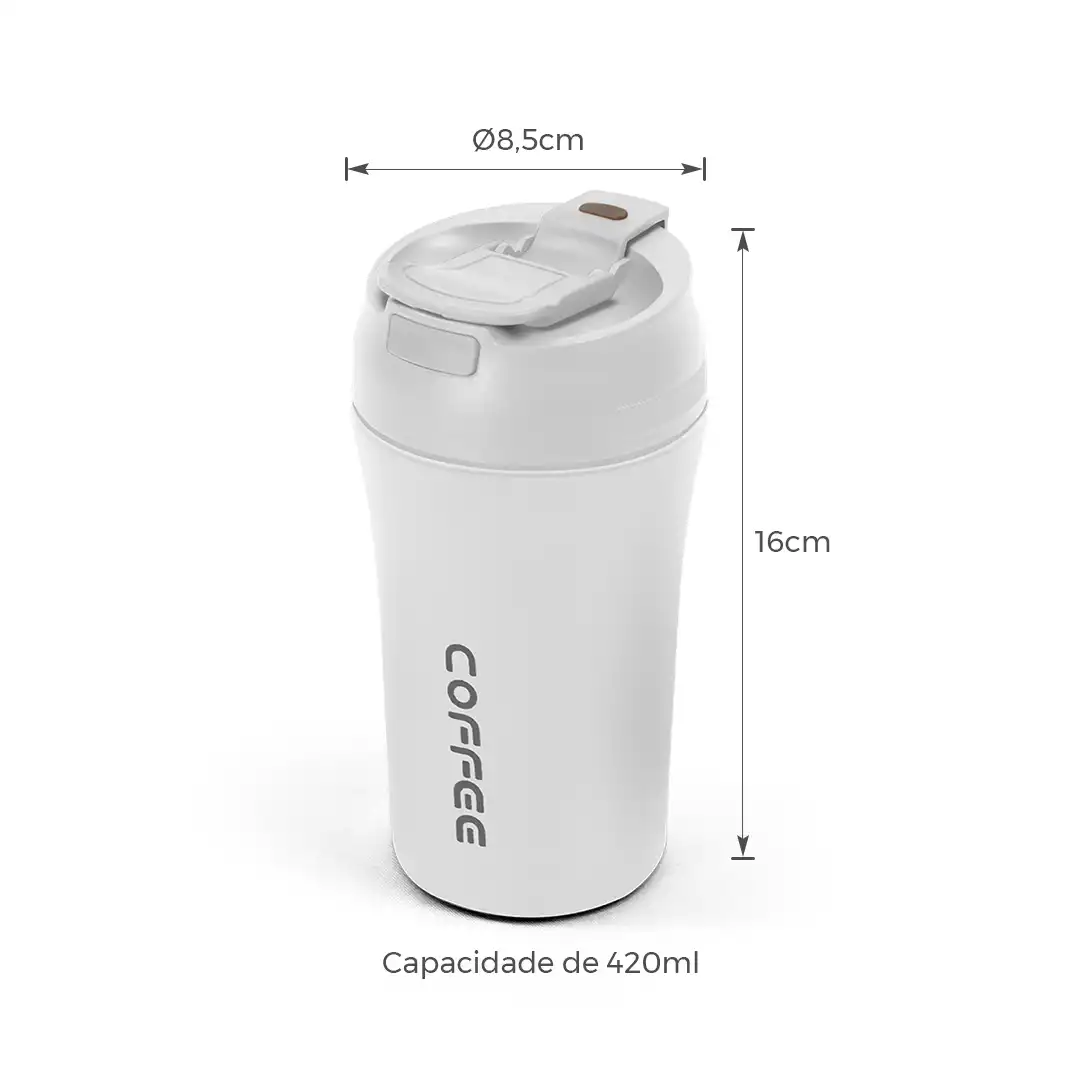 COPO TÉRMICO BRANCO 420ML COM TAMPA ANTIVAZAMENTO E INTERIOR EM INOX