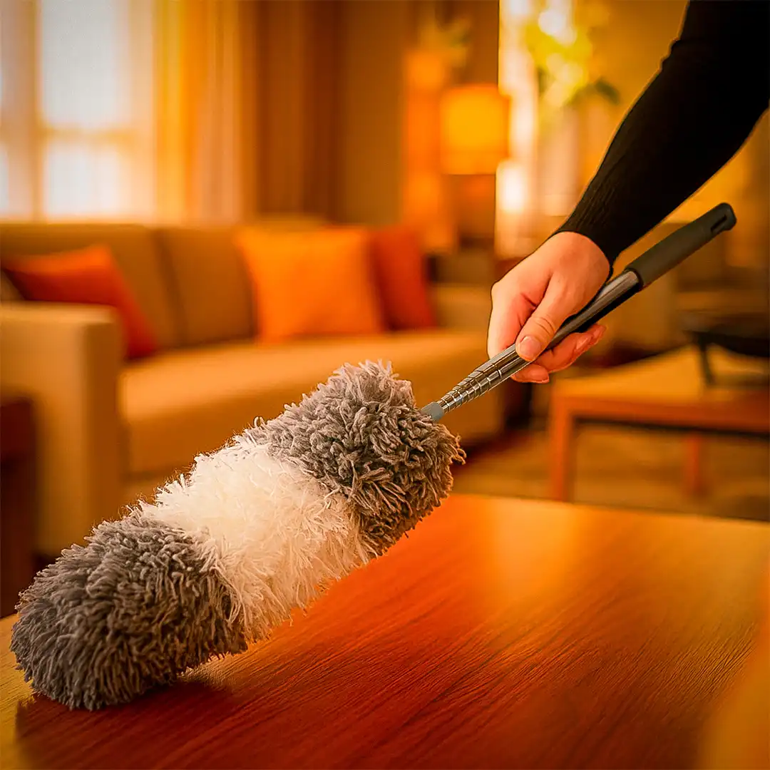 ESPANADOR DE MICROFIBRA EM POLIÉSTER COM CABO EXTENSÍVEL EM PP E INOX – 38CM A 112CM