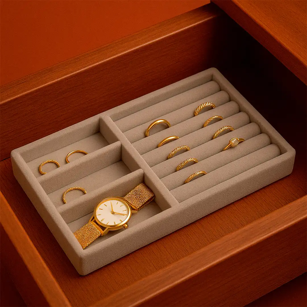 PORTA JOIAS DE MDF COM VELUDO E DIVISÓRIAS PARA ANÉIS E RELÓGIOS – 21x12,5x2,4CM