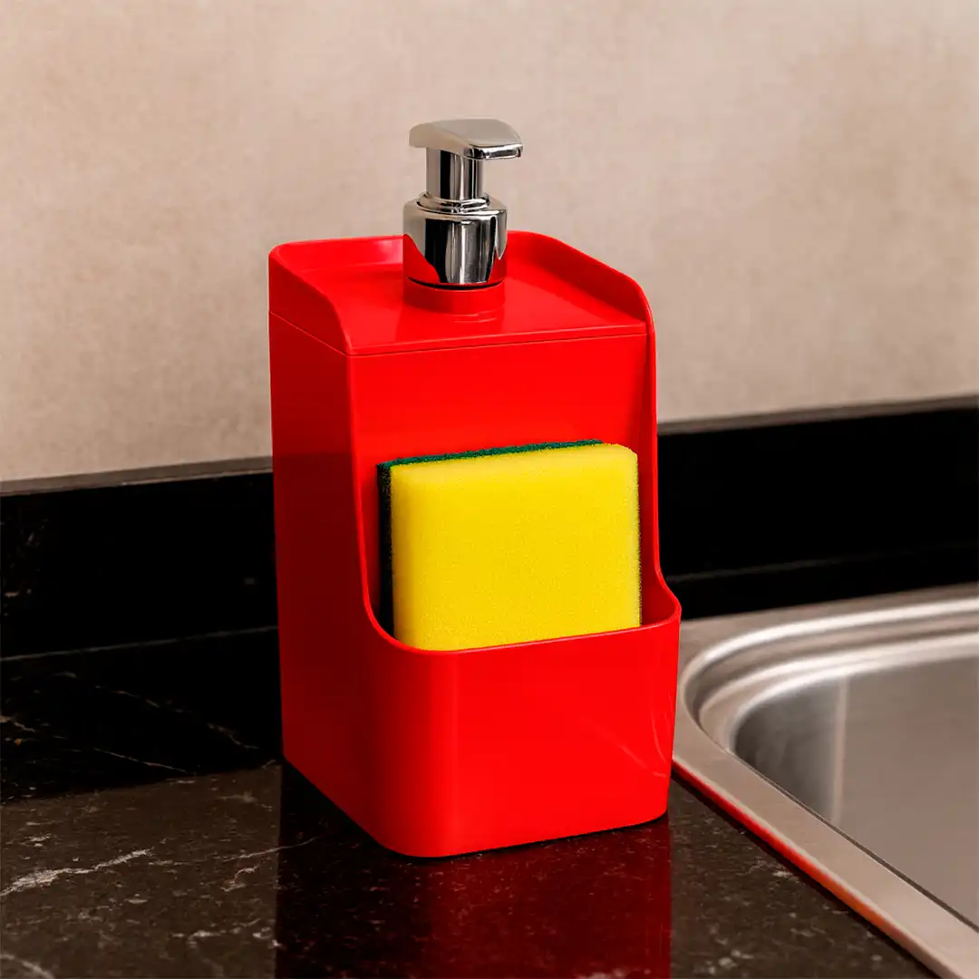 PORTA DETERGENTE VERMELHO COM PORTA-ESPONJA – 18,5 CM