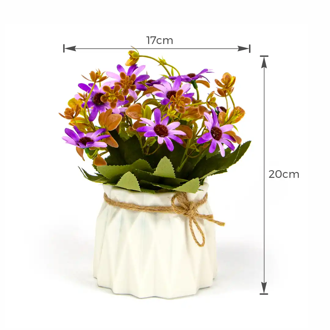 VASO DECORATIVO BRANCO COM FLORES ARTIFICIAIS ROXO – 20 CM


