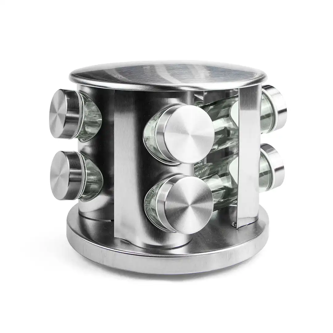 PORTA TEMPEROS COM BASE GIRATÓRIA – INOX + 8 FRASCOS DE VIDRO 90ML