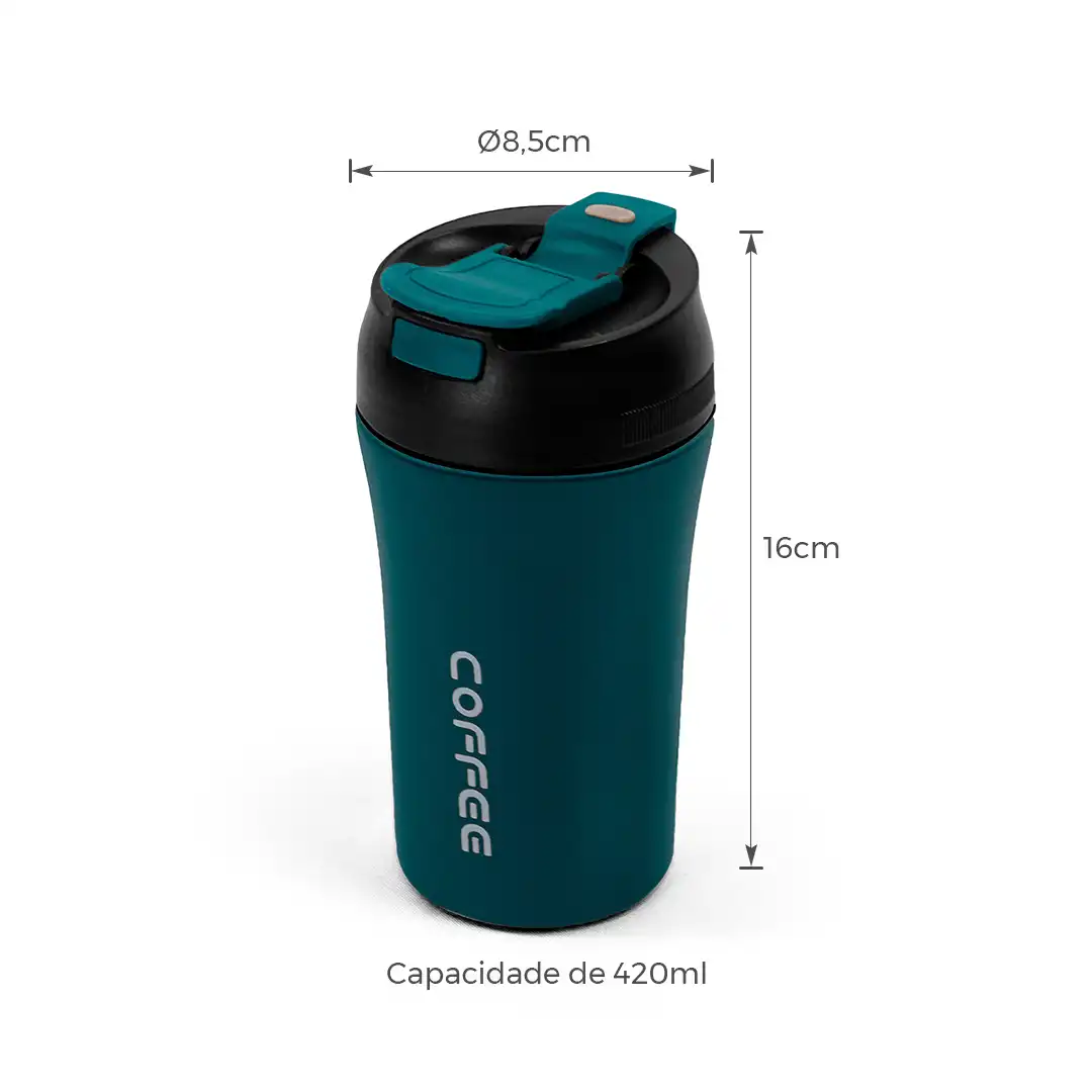 COPO TÉRMICO VERDE 420ML COM TAMPA ANTIVAZAMENTO E INTERIOR EM INOX