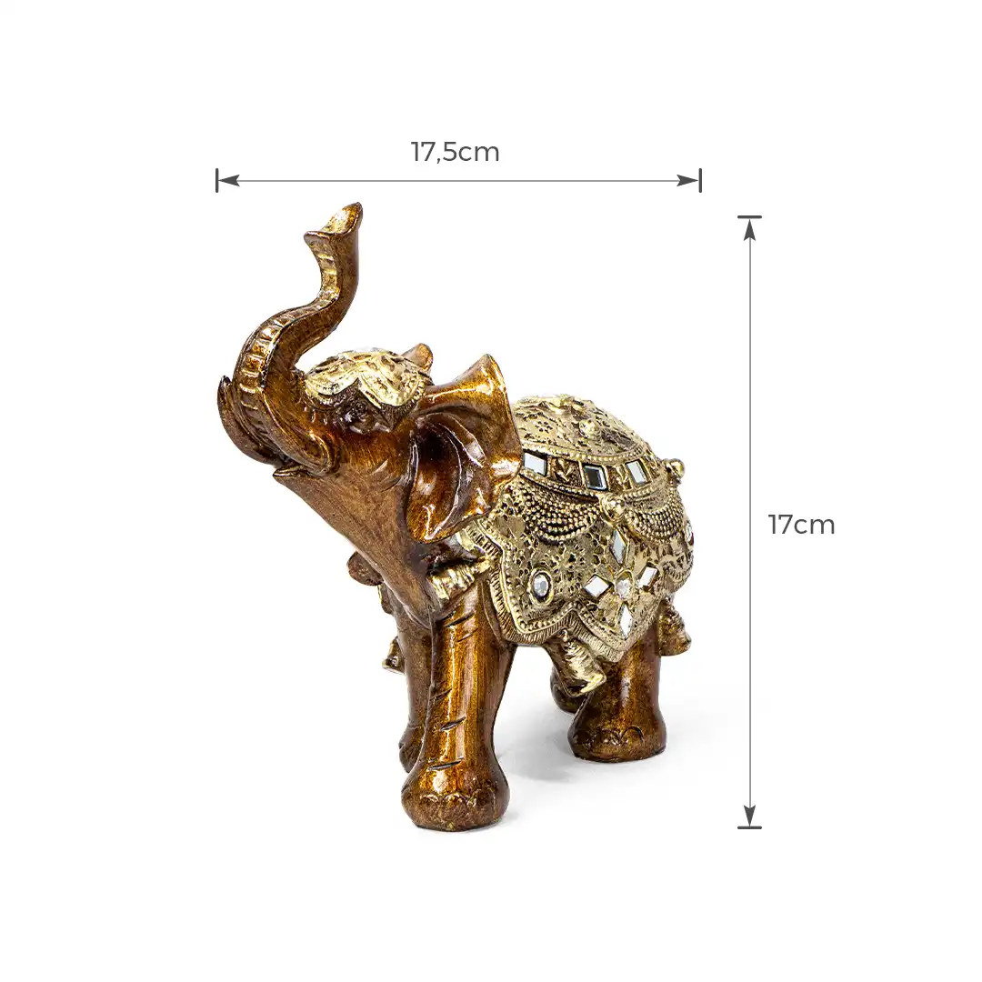 ELEFANTE INDIANO DECORATIVO DE RESINA COM DETALHES DOURADOS 17CM