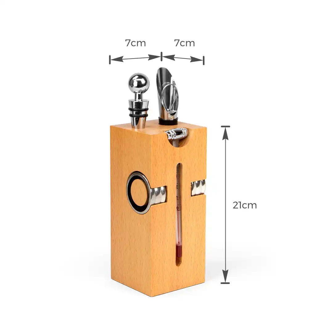 KIT PARA VINHO 7 PEÇAS COM SUPORTE EM MADEIRA - ABRIDOR, BICO, TERMÔMETRO E MAIS