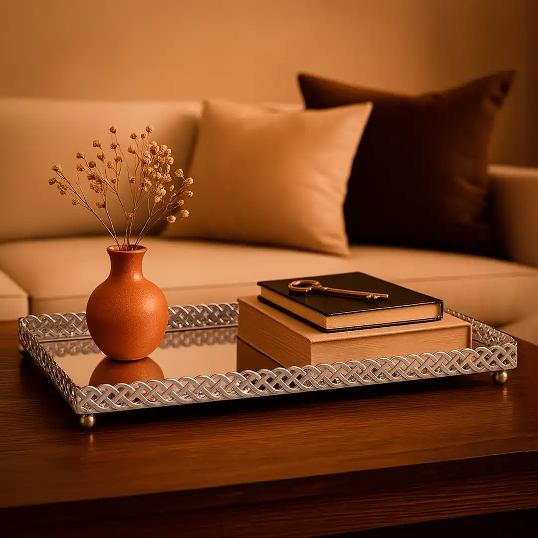 BANDEJA DECORATIVA ESPELHADA CINZA RETANGULAR 27,5CM 